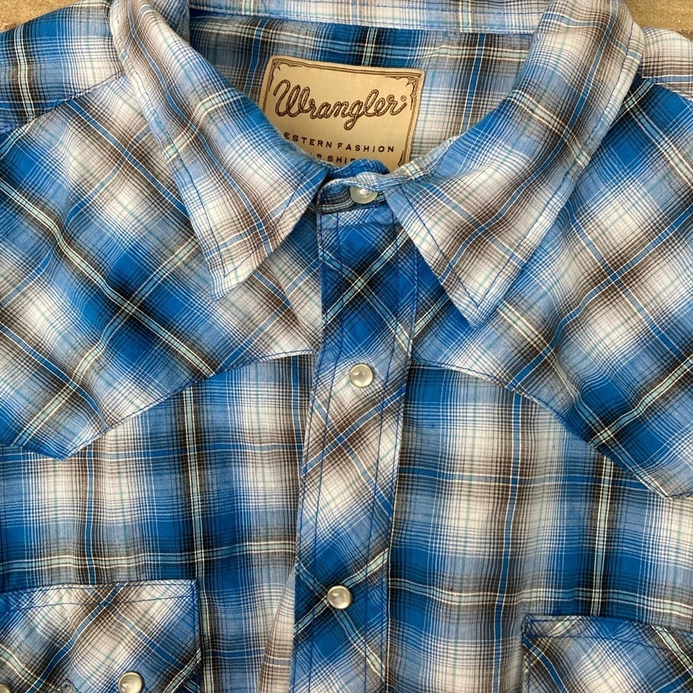 WRANGLER WESTERN LONG SLEEVE PLAID Blue MEN SIZE XXXL 3XL Pearl Snap Cowboy - Picture 5 of 13